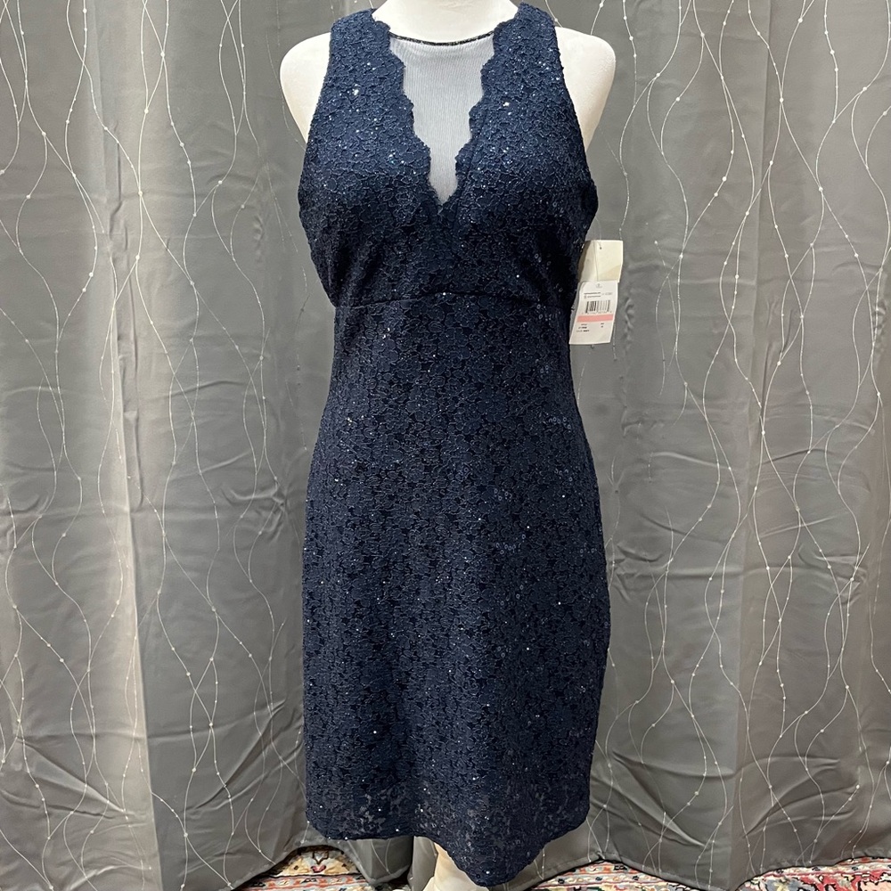 Nightway Dark Blue Sequin Dress 34” Illusion Net Neckline Lined Formal Wedding - Picture 3 of 14